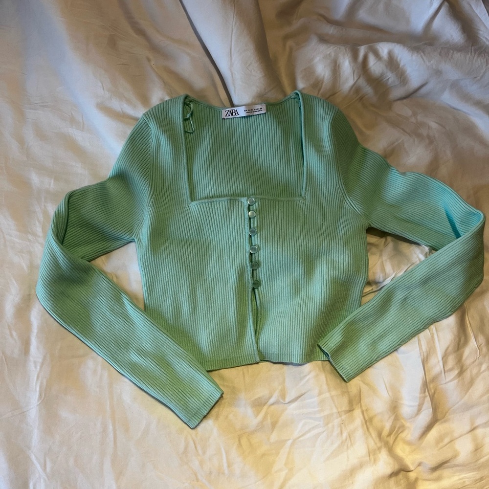 Zara Mint Green Ribbed Cropped Cardigan/aatop
